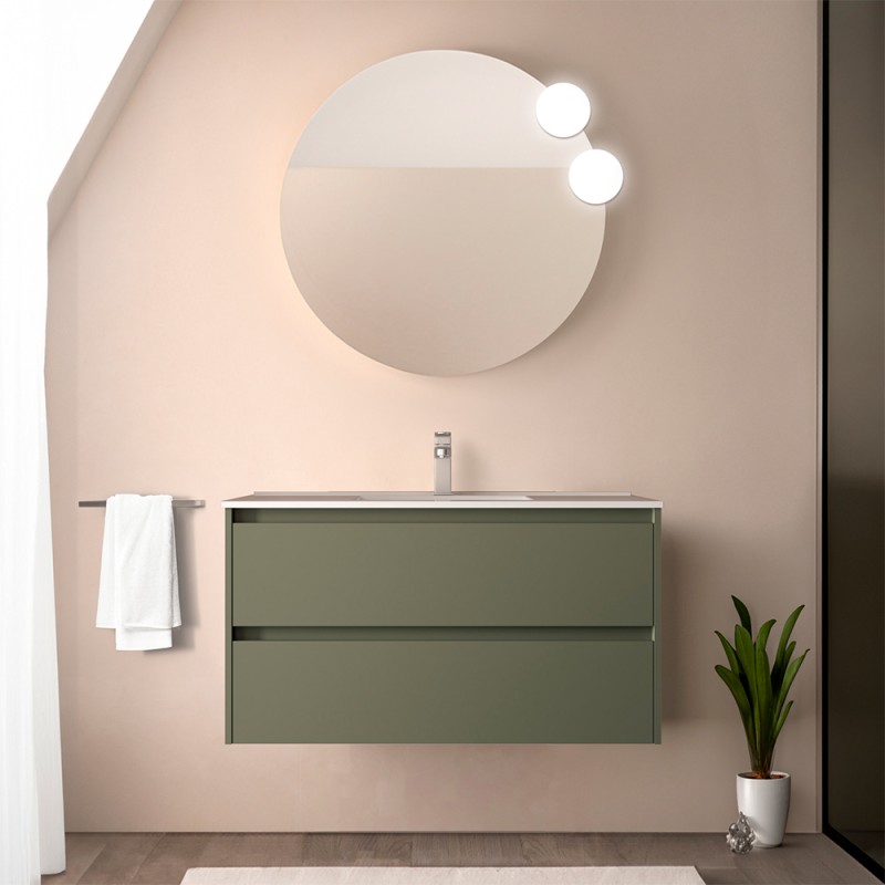 Mobile bagno sospeso 90 cm verde satinato con specchio e lavabo Gaya