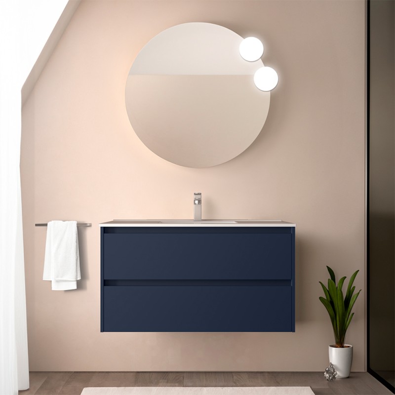 Mobile bagno sospeso 90 cm blu satinato con specchio e lavabo Gaya