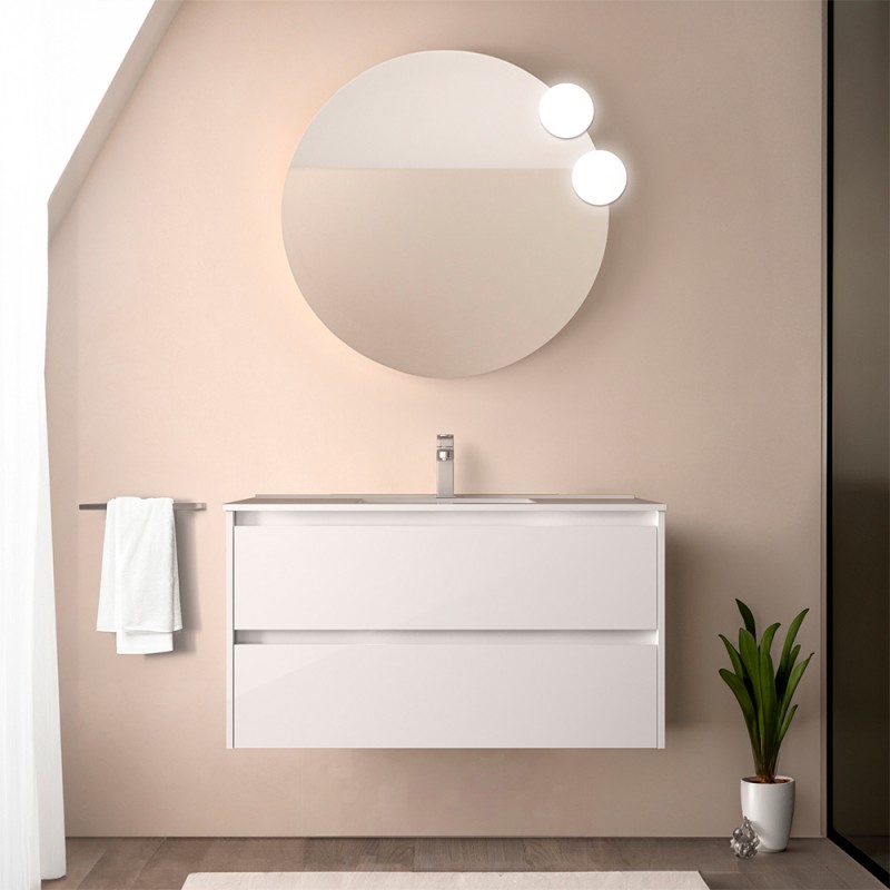 Mobile bagno sospeso 90 cm bianco lucido con specchio e lavabo Gaya