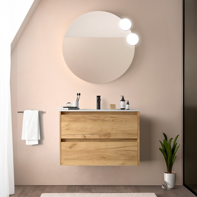 Mobile bagno sospeso 80 cm rovere africa con specchio e lavabo Gaya