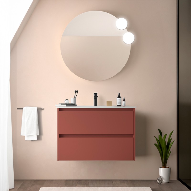Mobile bagno sospeso 80 cm rosso satinato con specchio e lavabo Gaya