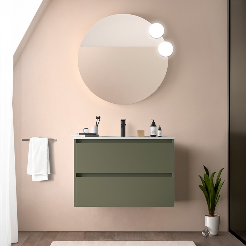 Mobile bagno sospeso 80 cm verde satinato con specchio e lavabo Gaya