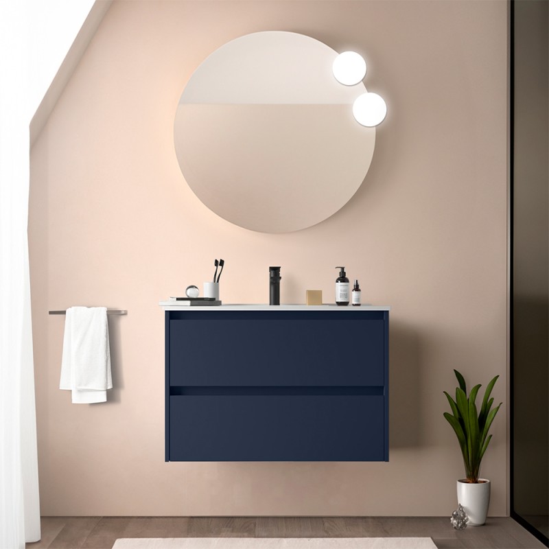 Mobile bagno sospeso 80 cm blu satinato con specchio e lavabo Gaya