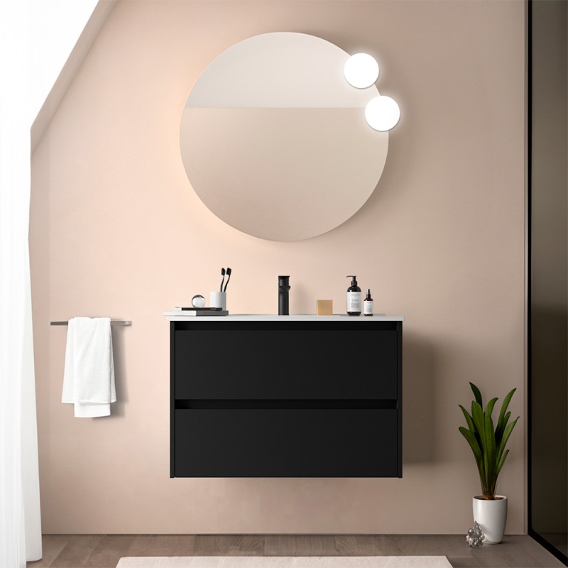 Mobile bagno sospeso 80 cm nero satinato con specchio e lavabo Gaya