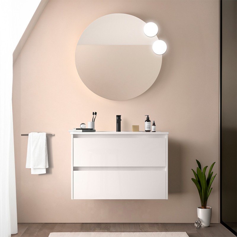 Mobile bagno sospeso 80 cm bianco lucido con specchio e lavabo Gaya