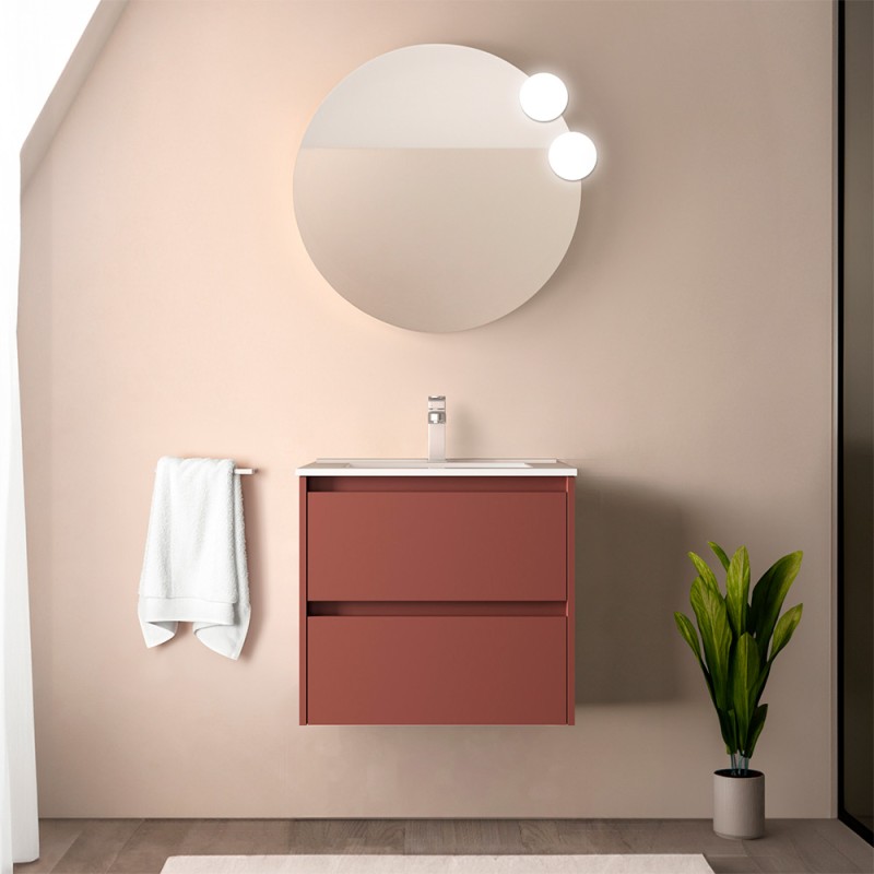 Mobile bagno sospeso 70 cm rosso satinato con specchio e lavabo Gaya
