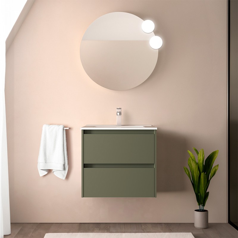 Mobile bagno sospeso 70 cm verde satinato con specchio e lavabo Gaya