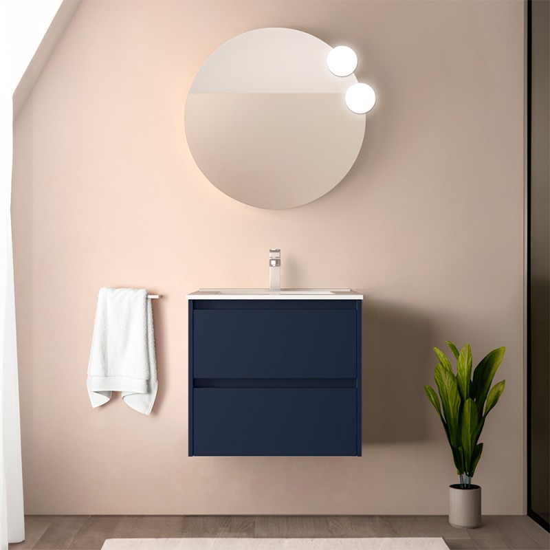 Mobile bagno sospeso 70 cm blu satinato con specchio e lavabo Gaya