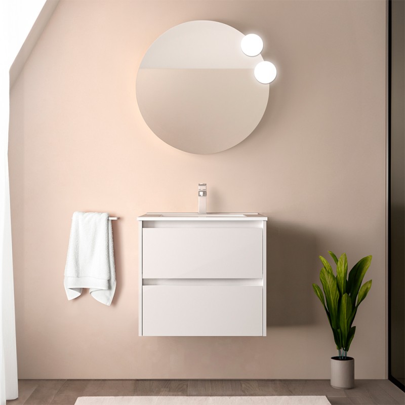 Mobile bagno sospeso 70 cm bianco lucido con specchio e lavabo Gaya