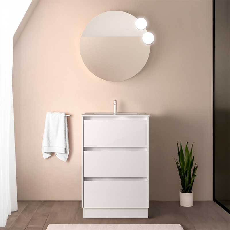 Mobile bagno a terra 60 cm bianco lucido con specchio e lavabo Gaya