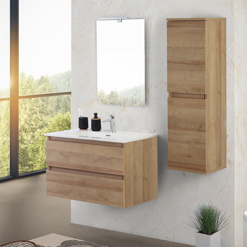 Mobile Bagno Sospeso NADIA 80cm - Rovere Naturale Con Pensile E Specchiera - 2 Cassetti