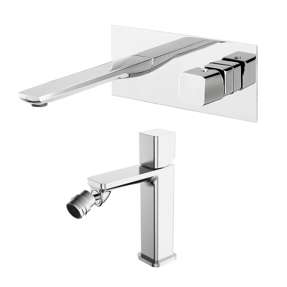 Image of Set di rubinetti lavabo a muro e bidet con manopola e scarico Lotus