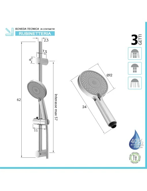 Asta Doccia Saliscendi Completa Con Doccetta 3 Funzioni - H 65 Cm Anticalcare