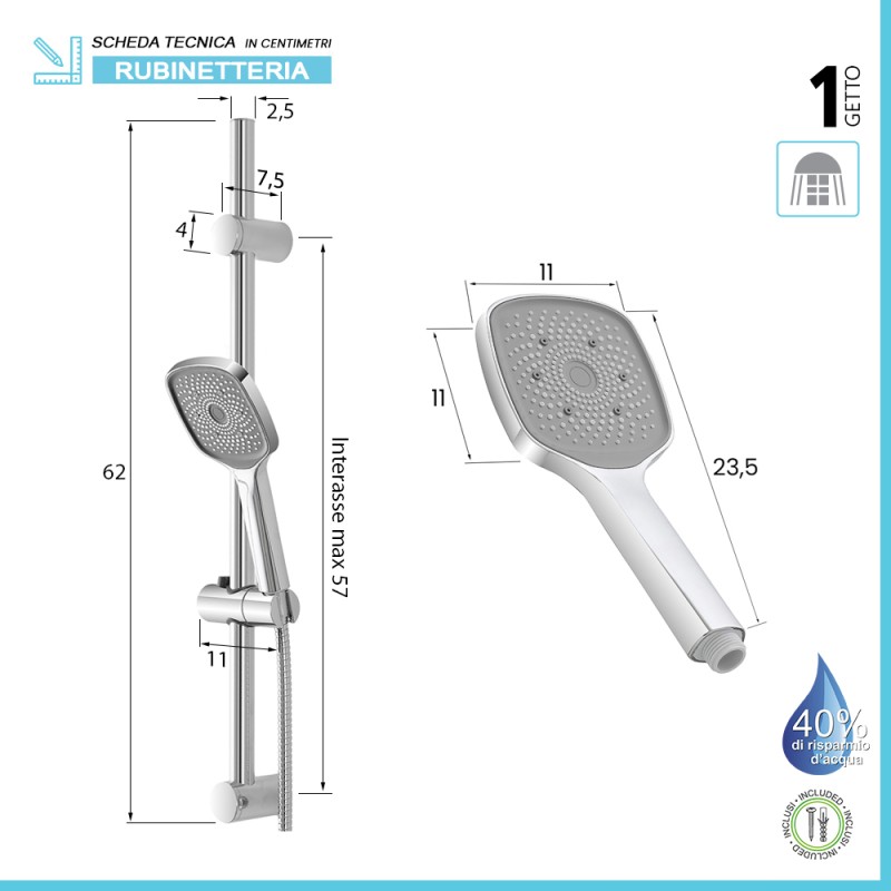 Saliscendi Doccia Cromato 53 Cm - Asta Regolabile Da 22 A 50 Cm Con Supporto Parete - Foto 7