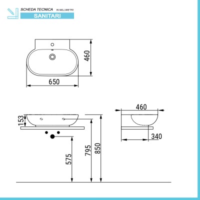 Scheda tecnica Lavabo da appoggio 65 cm linea Mirto con piletta click clack inclusa