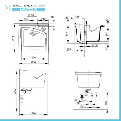 Scheda tecnica Mobile lavatoio 61x61 cm Revine vasca in ceramica e asse in legno