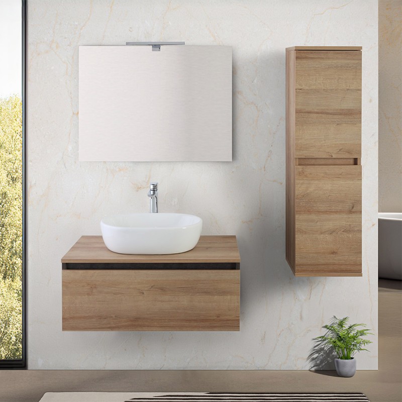 Mobile bagno sospeso 80 cm ossido e rovere con lavabo e specchio Kleo