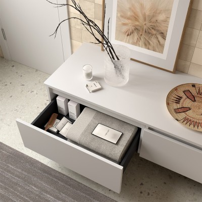 Dettaglio cassetto Cassettiera sospesa bagno 80 cm in legno MDF bianco opaco Sumo