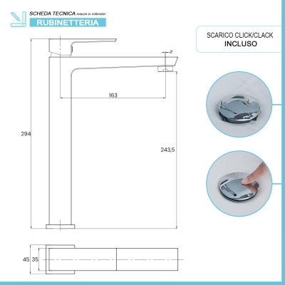 Scheda tecnica Miscelatore lavabo alto in ottone cromo con piletta click clack Kubo
