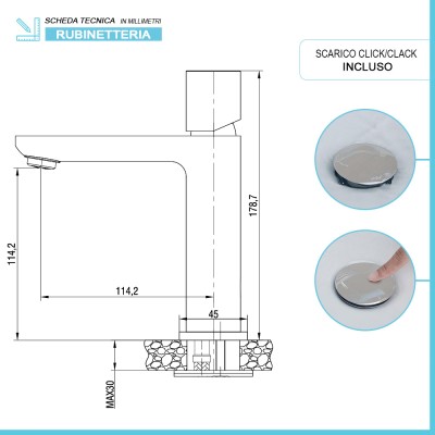 Scheda tecnica miscelatore lavabo monocomando color nichel spazzolato con piletta Lotus