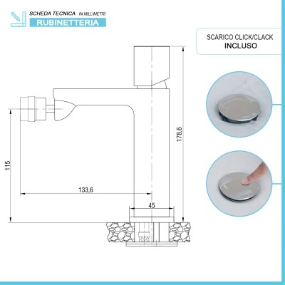 Scheda tecnica miscelatore monocomando bidet color nichel spazzolato con piletta Lotus