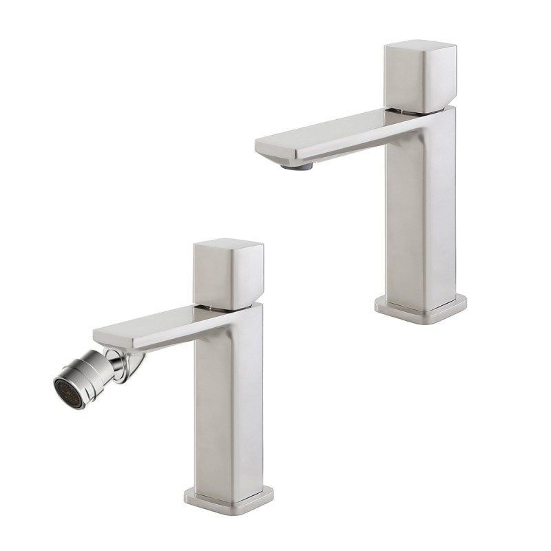 Set di rubinetti lavabo e bidet color nichel con piletta Lotus Set di rubinetti lavabo e bidet color nichel con piletta Lotus