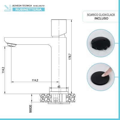 Scheda tecnica Rubinetto lavabo in ottone nero opaco Lotus
