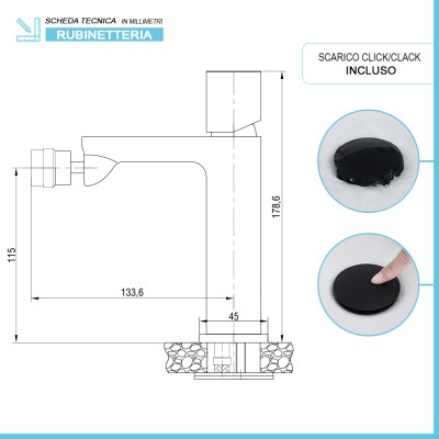 Scheda tecnica Rubinetto bidet in ottone nero opaco Lotus