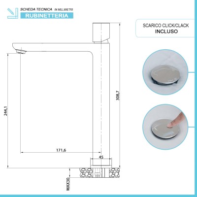 Scheda tecnica Miscelatore lavabo alto in ottone color nichel con piletta inclusa Lotus