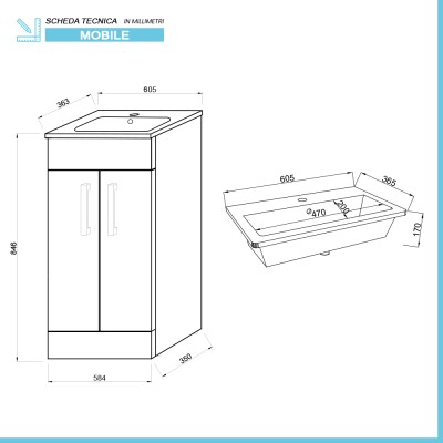 Scheda tecnica Mobile bagno da terra 60 cm salvaspazio bianco 2 ante Poket