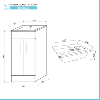 Scheda tecnica Mobiletto bagno da terra 40 cm salvaspazio bianco 2 ante Poket
