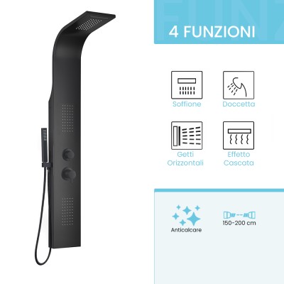 Funzionalità e caratteristiche Pannello doccia idromassaggio in alluminio nero opaco con 4 getti