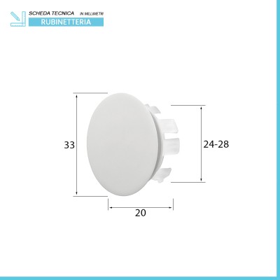Scheda tecnica Tappo copriforo bianco opaco troppo pieno lavabi e bidet da 24 o 28 mm