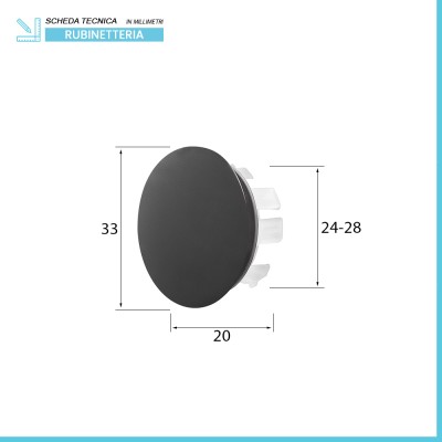 Scheda tecnica Tappo copriforo nero opaco troppo pieno lavabi e bidet da 24 o 28 mm