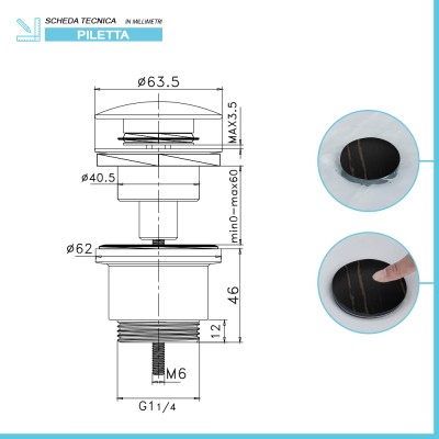 Scheda tecnica Piletta di scarico clic clac effetto marmo nero con e senza troppopieno