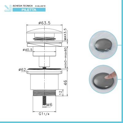 Scheda tecnica Piletta di scarico clic clac grigio opaca con e senza troppopieno