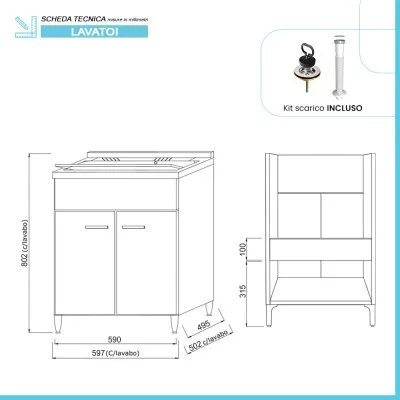 Scheda tecnica Mobile lavatoio 60x50 rovere bianco Moon con vasca in ceramica Dolomite