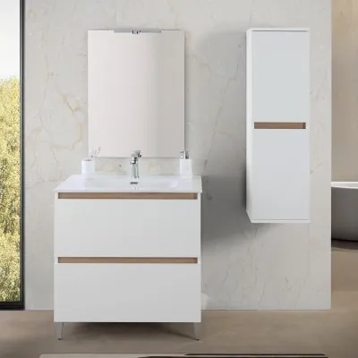Mobile bagno a terra 80 cm bianco e rovere con cassetti soft-close Kleo