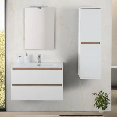 Mobile bagno sospeso 80 cm bianco e rovere con cassetti soft-close Kleo