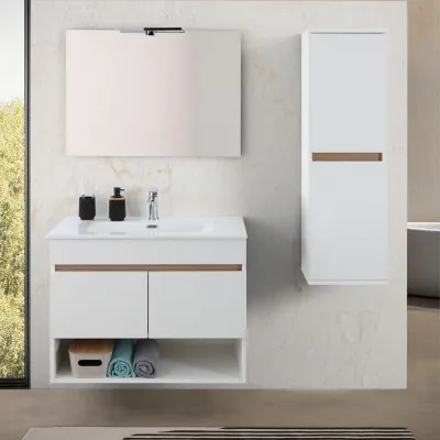 Mobile bagno sospeso 80 cm bianco e rovere con ante e vano a giorno Kleo