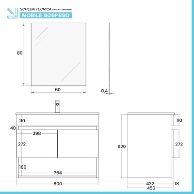 Scheda tecnica Mobile bagno sospeso 80 cm bianco e rovere con ante e vano a giorno Kleo