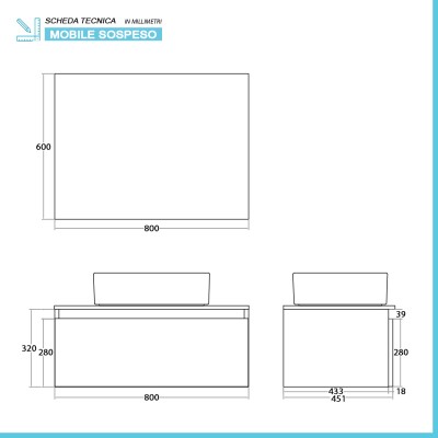 Scheda tecnica Mobile bagno sospeso 80 cm bianco e rovere con lavabo e specchio Kleo