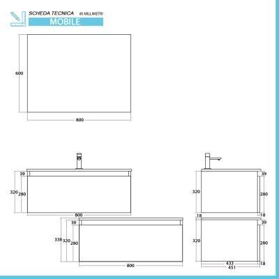 Scheda tecnica Mobile bagno sospeso 80 cm bianco e rovere con cassetto sfalsato Kleo