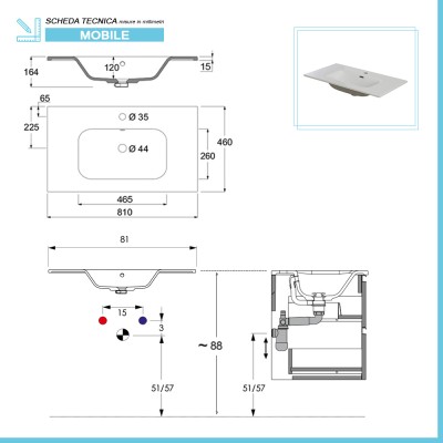Scheda tecnica lavabo Mobile bagno sospeso 80 cm bianco e rovere con cassetto sfalsato Kleo