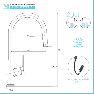 Scheda tecnica Miscelatore cucina nero in acciaio inox con doccetta estraibile Kitchen
