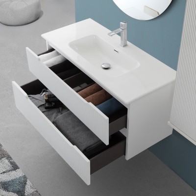 Cassetti aperti Mobile bagno sospeso 80 bianco cannettato doppi cassetto lavabo e specchio Wise