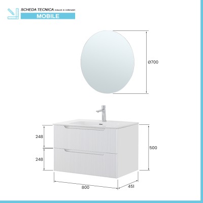 Scheda tecnica Mobile bagno sospeso 80 bianco cannettato doppi cassetto lavabo e specchio Wise