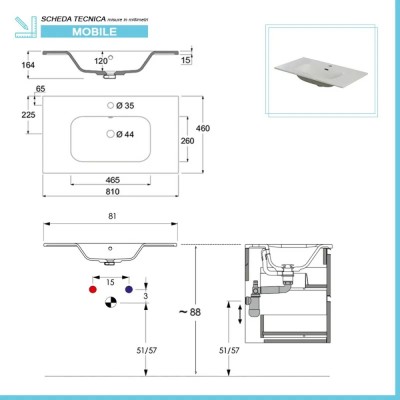 Scheda tecnica lavabo Mobile bagno sospeso 80 bianco cannettato doppi cassetto Wise