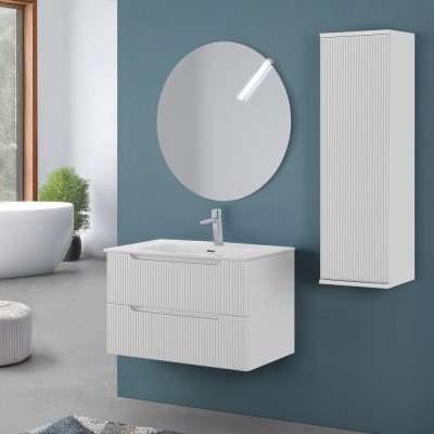 Composizione bagno sospesa 80 bianco cannettato doppi cassetto lavabo e specchio Wise