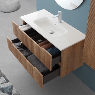 Cassetti aperti Mobile bagno sospeso 80 rovere cannettato doppi cassetto lavabo e specchio Wise
